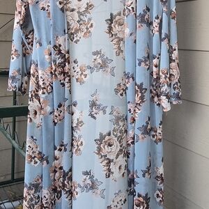 Tiffany & Grey Floral Sheer Kimono Cardigan – Light Blue & Pink – 3/4 Sleeve